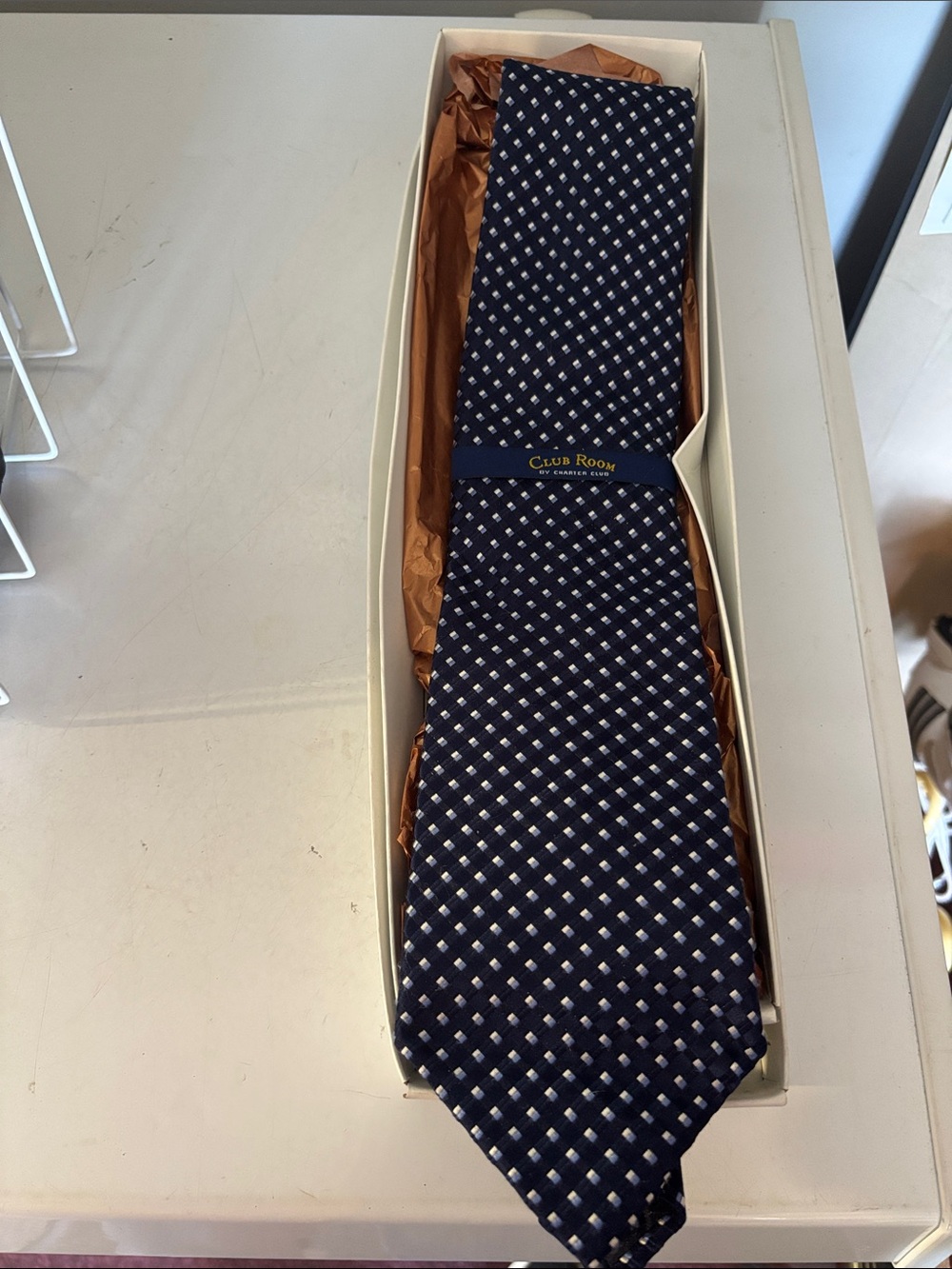 Club Room Navy Blue Silk Tie with Small White Diamond Pattern